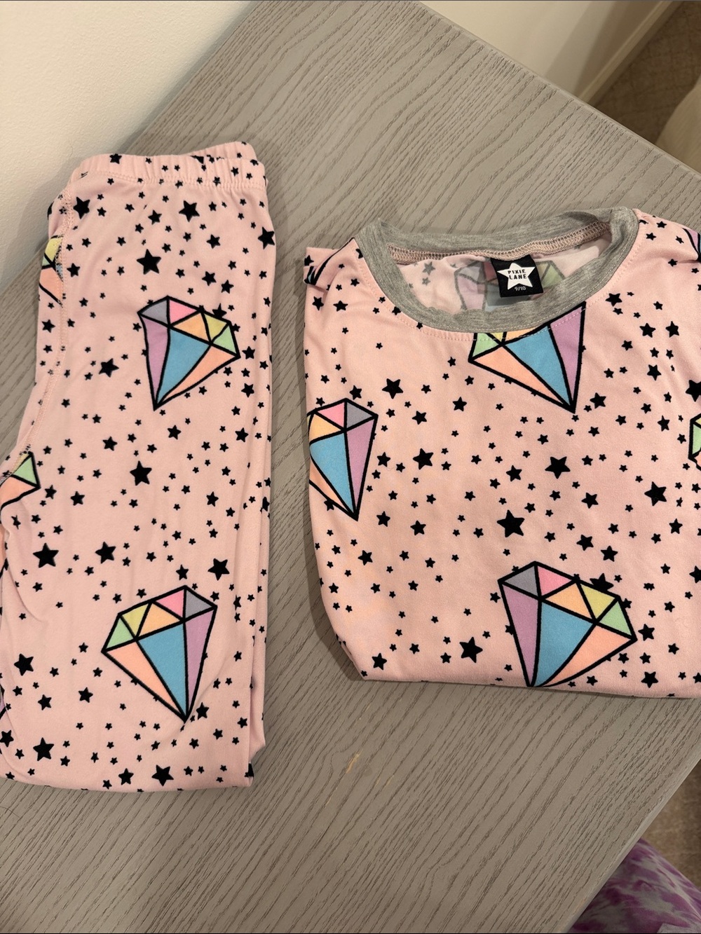 Pixielane Pink Gem Print Kids Pajama Set - Soft Long Sleeve & Pants- size 9/10